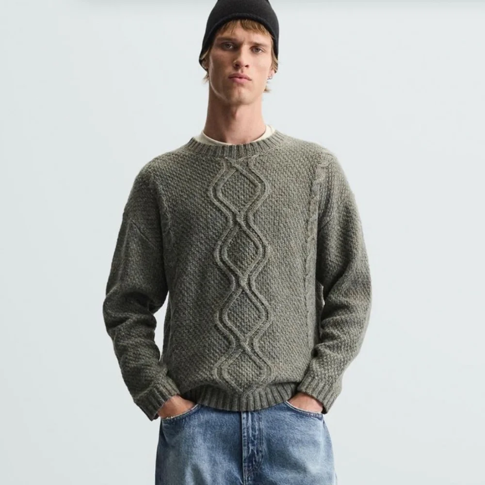 ZARA Men Cable Knit Sweater Gray Green SZ XL